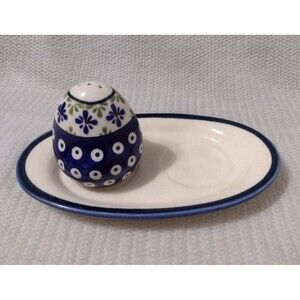 Boleslawiec Pottery Poland Salt Shaker & Plate, Handmade, Blue, White, Green